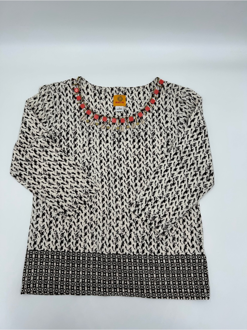 Ruby Rd. Brown & Cream Patterned Crewneck Top with Coral Bead Trim